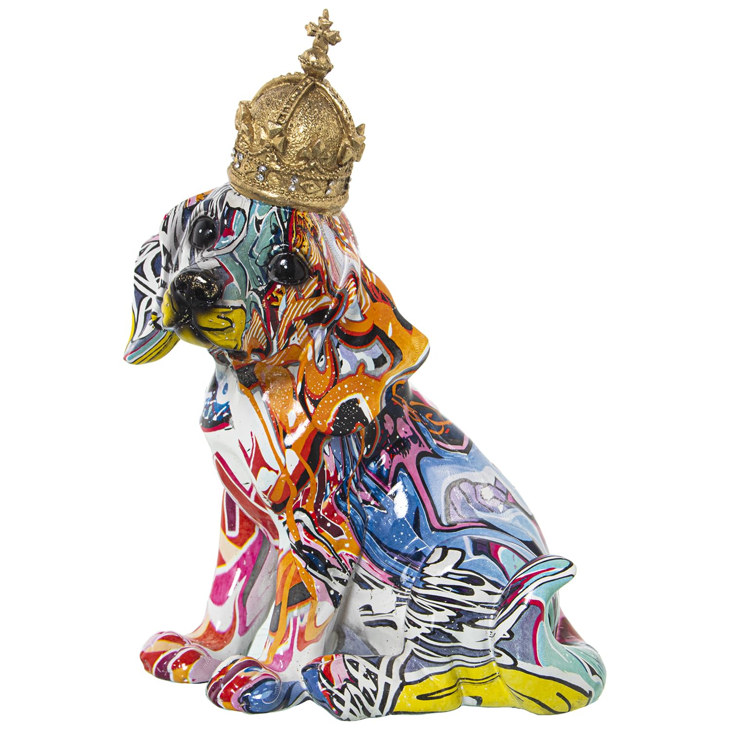 Statue de chien bouledogue graffiti avec couronne en résine de 25 cm pour salon