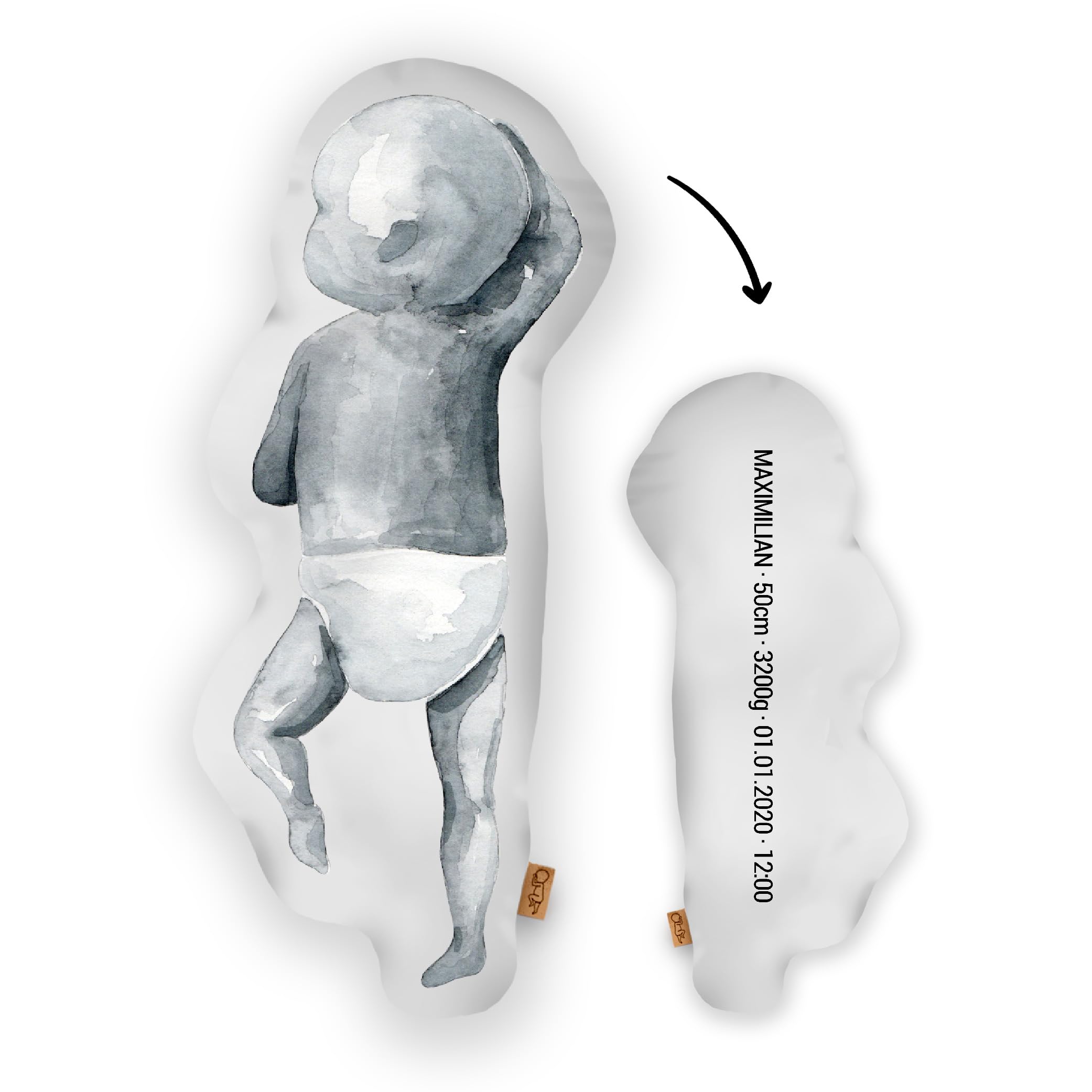 Personalisiertes Geburtskissen zur Geburt im 1:1 Maßstab | Mit Namen für Neugeborene | Erinnerungen in Originalgröße Jungen Mädchen (Moon Grey, 1:1 Maßstab mit Gewicht, Watercolor Two)