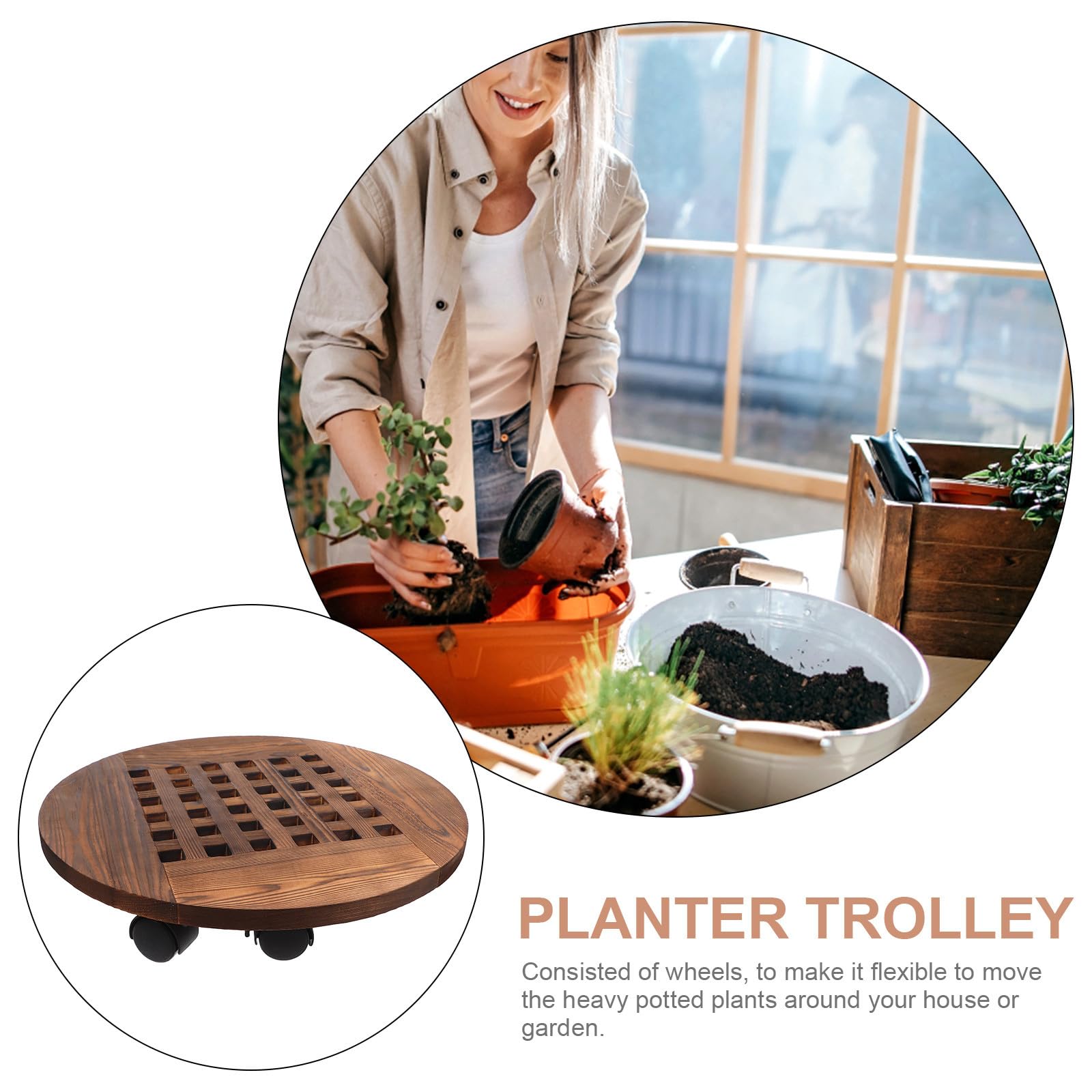 GALPADA Support à Plantes à Roulettes Base Circulaire 40 CM et Chariot en Bois pour Pots Ronds pour Intérieur et Extérieur