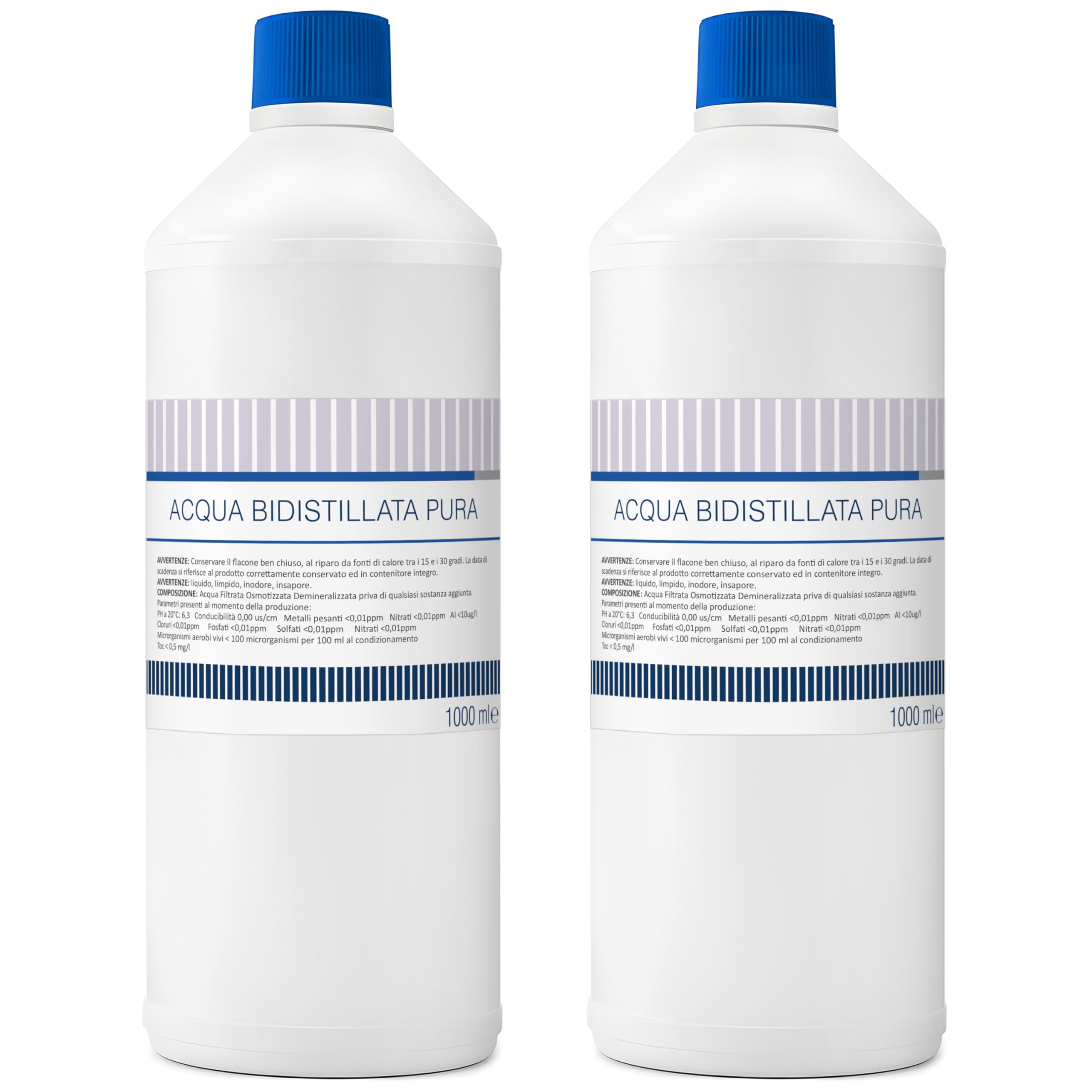 Acqua Bidistillata pura per uso clinico ed industriale 2 flaconi da 1 litro, Distillata due volte, Demineralizzata, Made in Italy