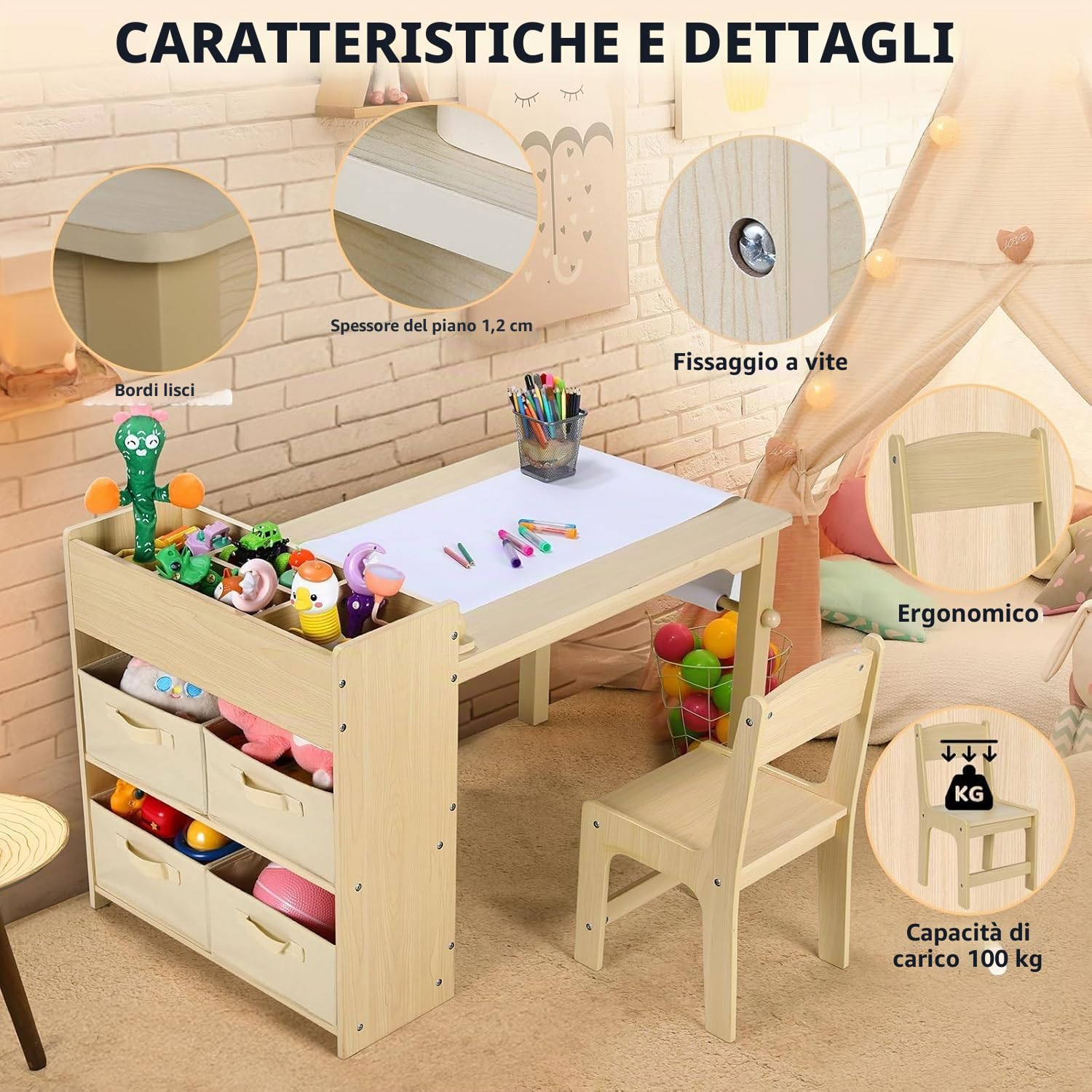 MAMIZO Tavolo per Bambini con 2 PCS Sedie, Tavolo in Legno con Rotolo di Carta, Mobile Montessori per Bambini 3-8 Anni, Ideale per Pittura/Leggere/Mangiare/Giocare, Montaggio Semplice Giallo
