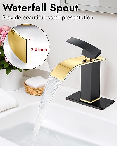 Miniatura 2 de Midanya Grifo de baño en cascada, grifo de lavabo de baño de una sola manija con placa de cubierta y drenaje emergente, grifo de baño de oro pulido