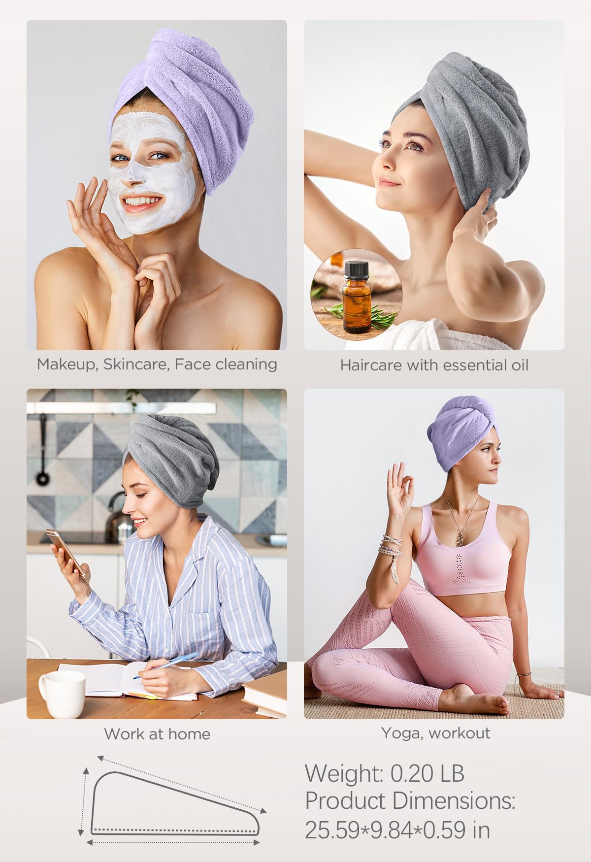 Hicober Microfiber Towel, 3 Pack Hair Turbans - Drying Wrap for Curly Hair Women, Anti Frizz (Purple, Blue, Grey): T-purple,grey Large