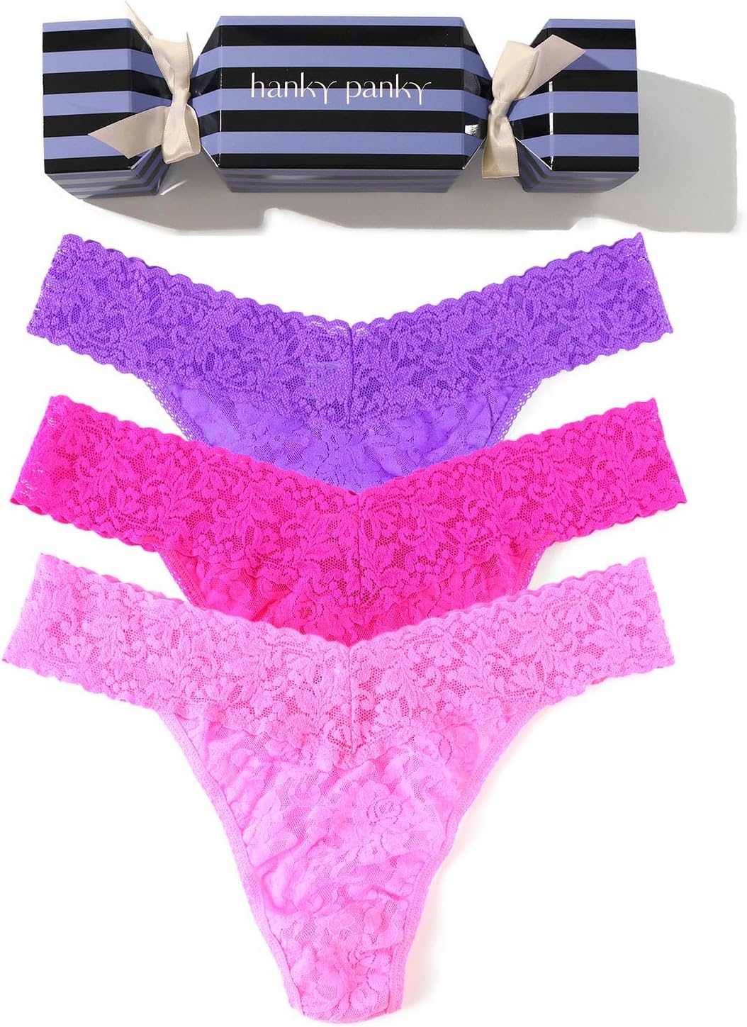 Hanky Panky - Signature Lace Original Rise Thongs for Women: Holiday Edition | One Size 4-14 | Rain Cloud Blue, Artichoke Heart, Dusk, Deep Waters, Snow Day Purple | Everyday Lingerie Underwear | 3 pk