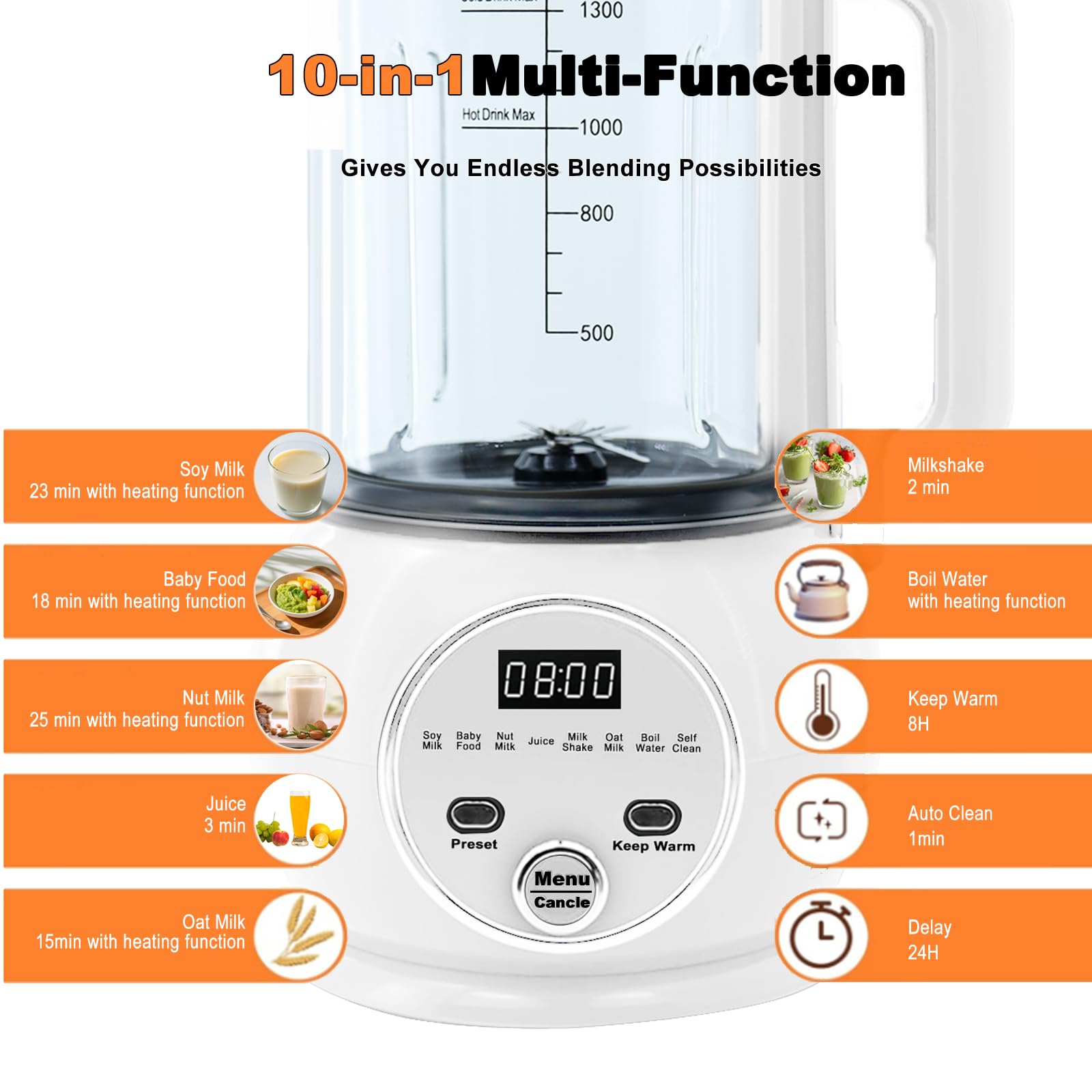 Gorący blender do mleka orzechowego 10 w 1, 500 ml, domowej roboty soja, migdał, owies, na bazie roślin, żywność dla niemowląt 20 ostrzy, automatyczna maszyna do soi z 24-godzinnym opóźnieniem startu
