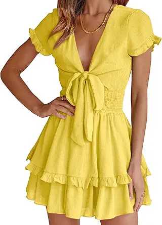 PRETTYGARDEN Women Summer Mini Short Dress 2025 Short Sleeve Casual Beach Vacation Sundress V Neck Tiered Sun Dresses