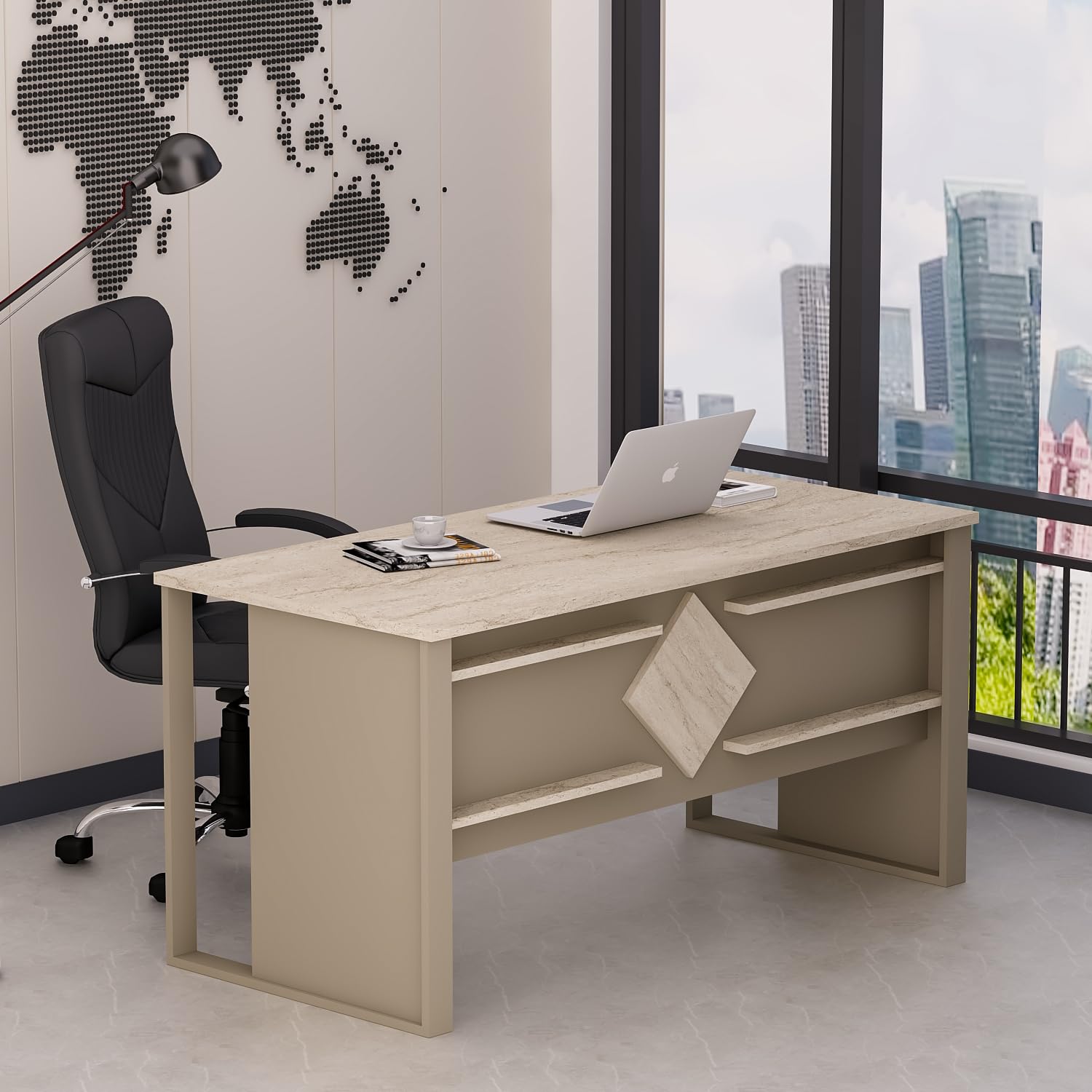 Homidea BOSS Escritorio 150 x 72 x 75,6 cm – Mesa de oficina moderna para oficina en casa o estudio (beige travertino)