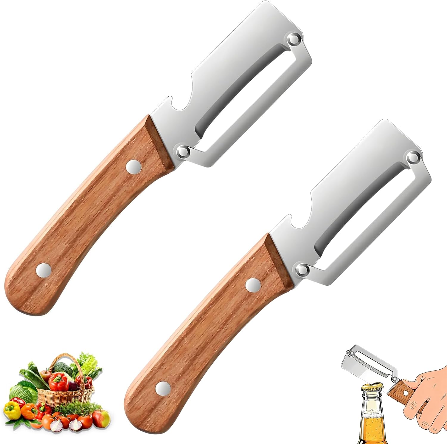 2 Pack Multifunctional Vegetable Peeler, 2-in-1 Kitchen Peeler with Bottle Opener, Sharp Stainless Steel Swivel Blade, Wooden Handle, for Potato, Carrot, Apple & Fruits