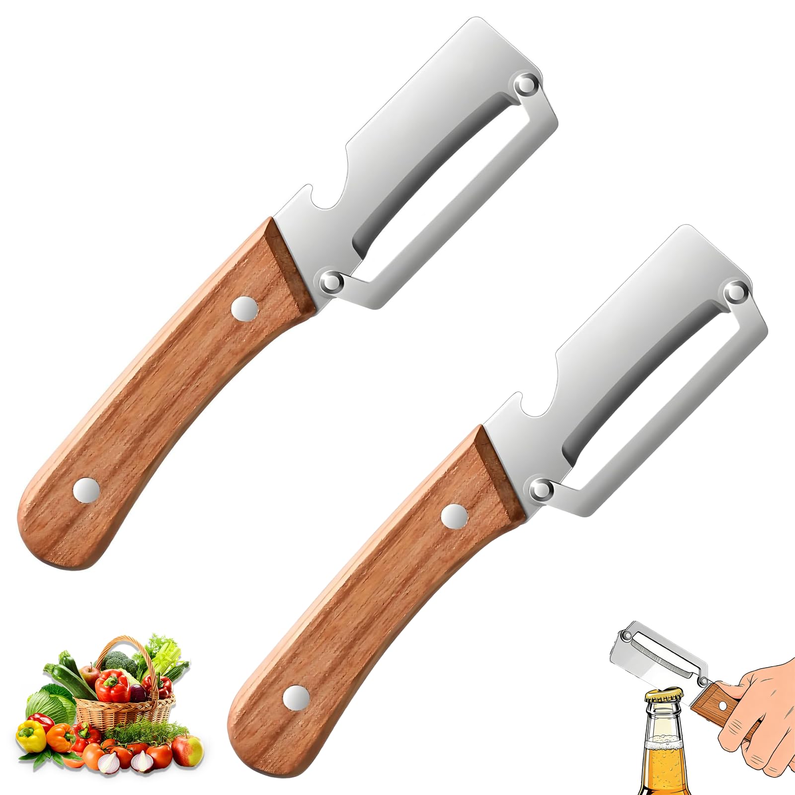 Photo 1 of 2 Pack Multifunctional Vegetable Peeler, With Wooden Handle and Bottle Opene, Stainless Steel Blade with Ergonomic Wooden Handle, Non-Slip Fruit & Potato Peeler for Kitchen Use