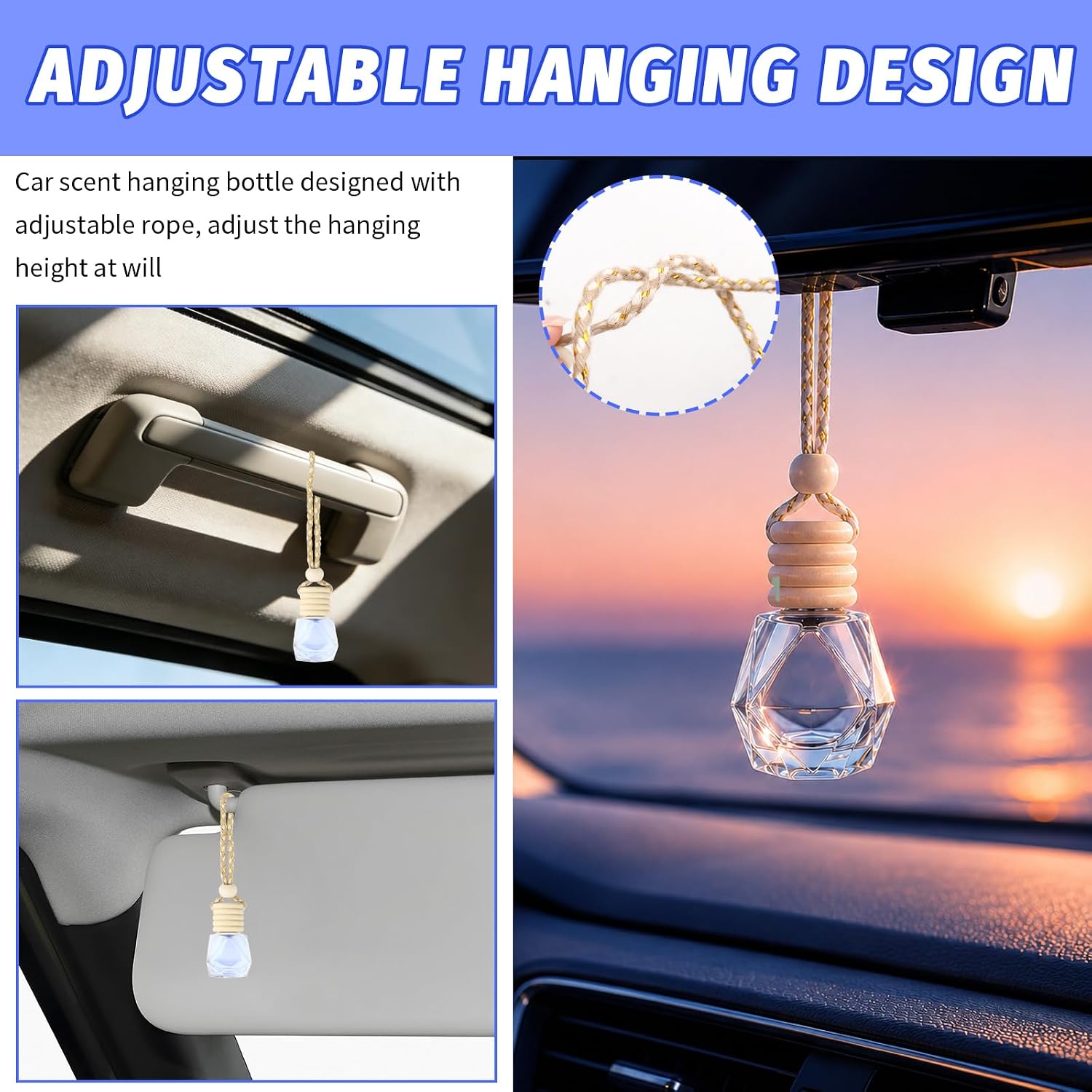 5PCS Hanging Car Air Fresheners Diffuser,Clear Empty 8 ml Car Air Freshener Hanging Bottle with Wooden Cap & Rope,Stylish Cars Diffuser Bottle Cars Interior Accessories