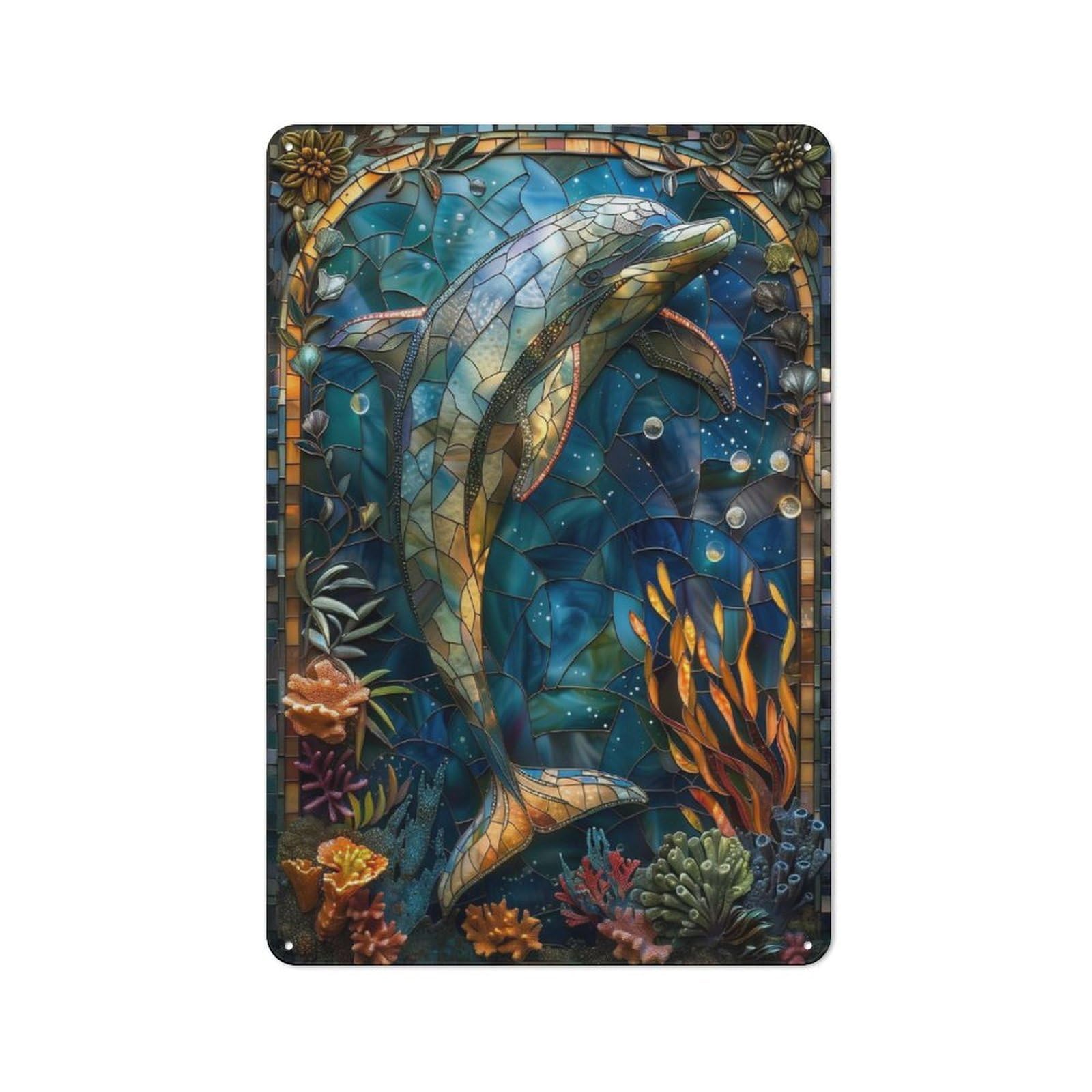 Stained Glass Dolphin Vintage Metal Wall Decor 30x20cm, Garage Metal Sign for Workshop, Basement, Shed Or Games Room