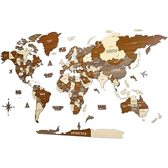 Colorfull Worlds World Map Wood 3D - Maple Wood World Map for Wall Decoration - World Map for Pinning - Elegant Wooden Wall A