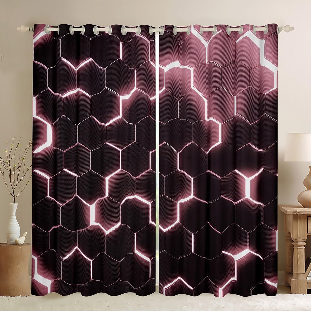 Homewish Pink Honeycomb Blackout Curtains 46 x 54 Inch - Neon Modern Hexagonal Pattern Eyelet Curtains for Living Room Bedroom Dorm - Geometric Room Darkening Window Drapes 2 Panels — image 1