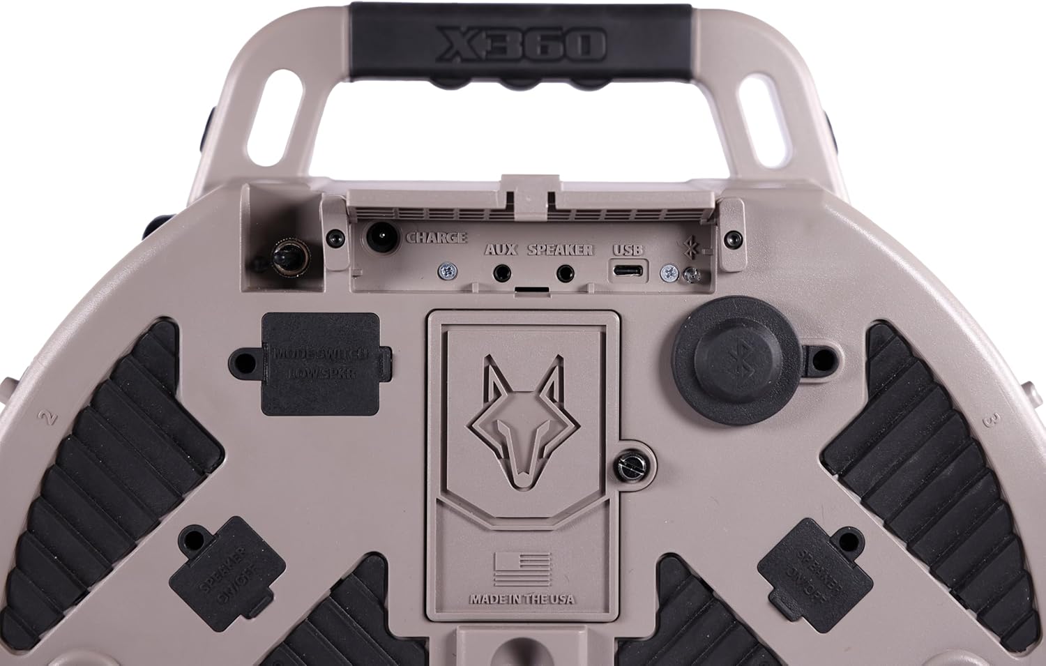 Close-up of the FOXPRO X360 unit's ports including charge, aux speaker, and USB