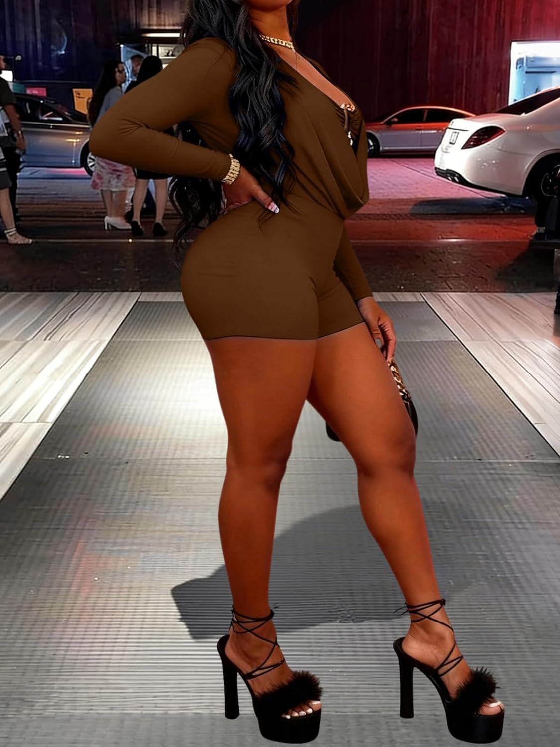 ThusFar Women Sexy V Neck Ruched Jumpsuit Long Sleeve Shorts Club Going Out Outfits Bodycon Romper Birthday Party Night - Image 5