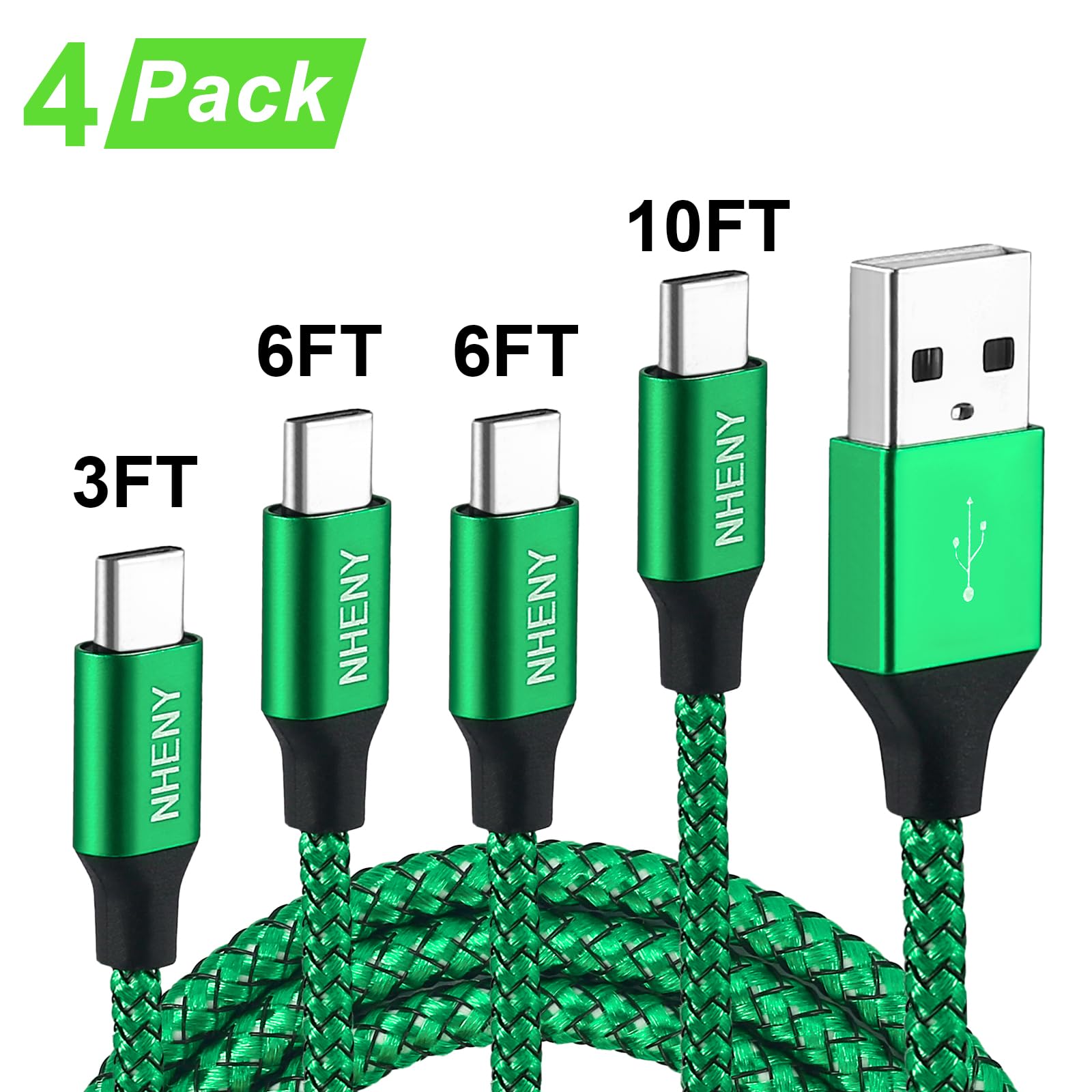 Cavo di ricarica di tipo C verde USB C Premium in nylon lucido intrecciato cavo di ricarica rapida, confezione da 4 pezzi, 3 m, 0,8 x 1,8 m, 0,9 m, per telefono serie 15/16 Plus, Note 10/S10, LG