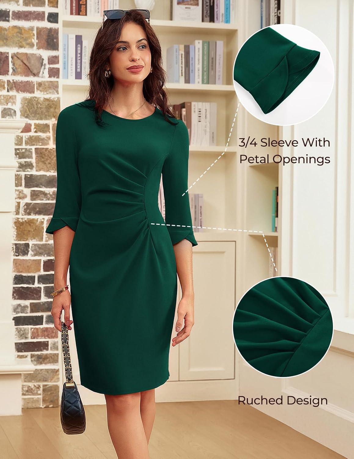 GRACE KARIN Work Dresses for Women 2025 3/4 Sleeve Sheath Business Dress Ruched Bodycon Office Cocktail Dress - Image 4