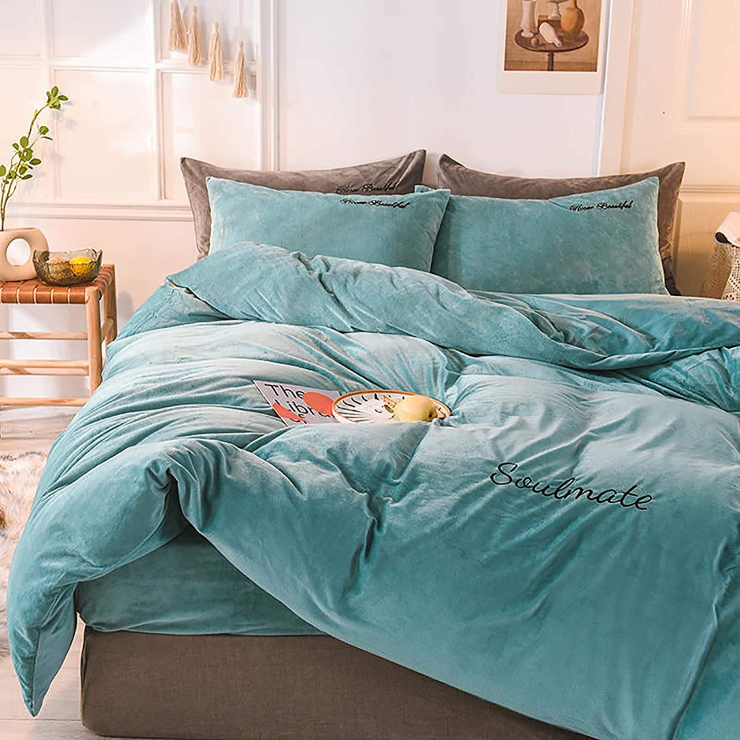 MGEMJMJ Solid Color Winter Warm Comforter Cover With Zipper Closure,Velvet Duvet Cover,Soft Reversible Flannel Quilt Cover(Size:200x230cm(79x91inch),Color:D)