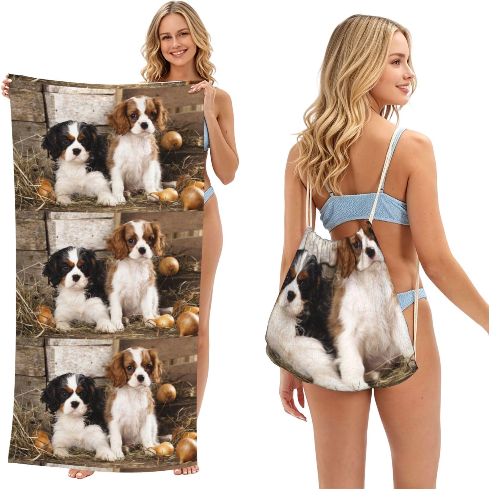 Poadnly As Picture Cavalier King Charles Spaniel Small Puppies, 2 In 1 Packable Towel Bag, Beach Towels With Drawstring Backpack For Travel Holiday Camping