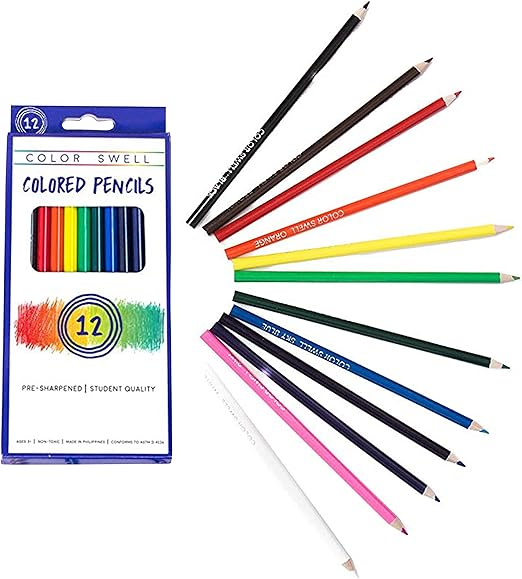 Color Swell Colored Pencil Pack 12 Count Assorted Vibrant Pre-Sharpened Colors Perfect for Kids, Teachers, Classrooms, and All Ages