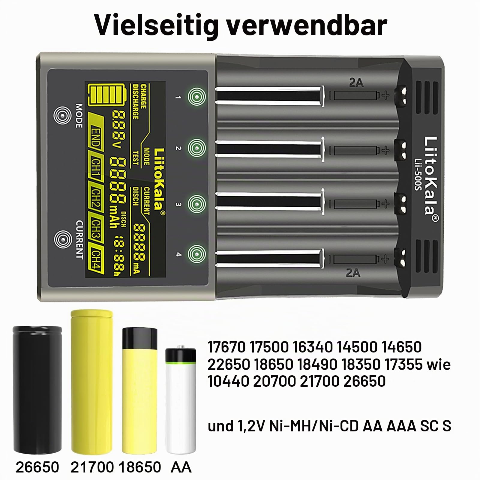 LiitoKala Lii-500S 18650 Akkuladegerät Schnellladegerät mit LCD-Display Touching Control, 4-Steckplatz AA Akkuladegerät mit 12V3A Adapter für 10400 21700 Li-Lion AA AAA NI-MH NI-CD