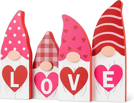 Glitzhome Valentine Gnomes Decorations for Home 9"H Valentines Day Love Gnome Blocks Decor Famhouse Romantic Valentines Day Gnome Wooden Signs Tabletop Decor for Wedding Anniversary Party Supplies