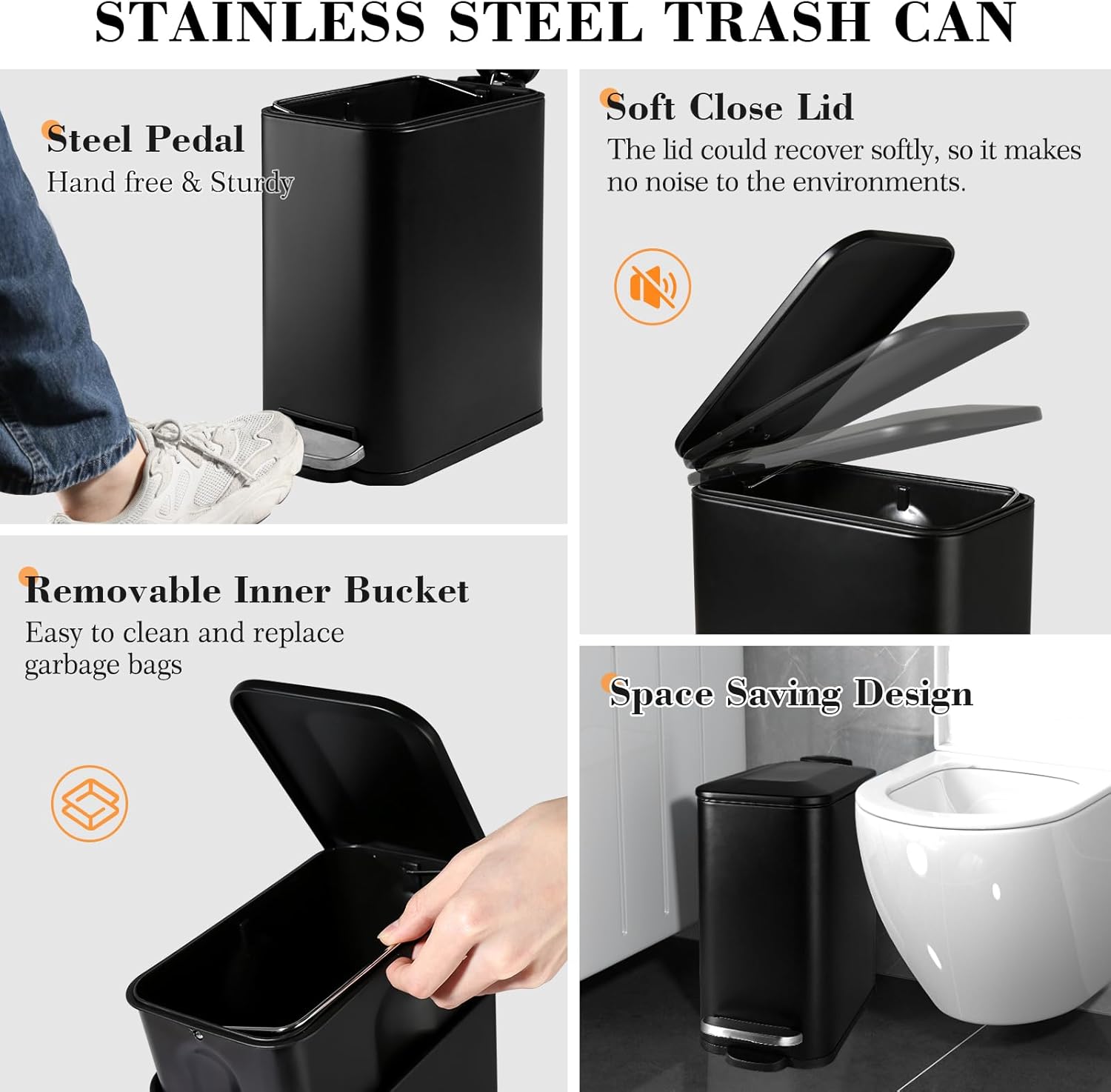 Black Bathroom Accessories Set, 7 Pcs Matte Black Bathroom Accessory Set with Trash Can, Soap Dispenser, Toothbrush Holder, Soap Dish, Vanity Tray, Qtip Holder, Modern Bathroom Sets Complete Decor