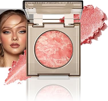 Baked Blusher Powder, Coral Shimmer, Pressed Blush Compact
