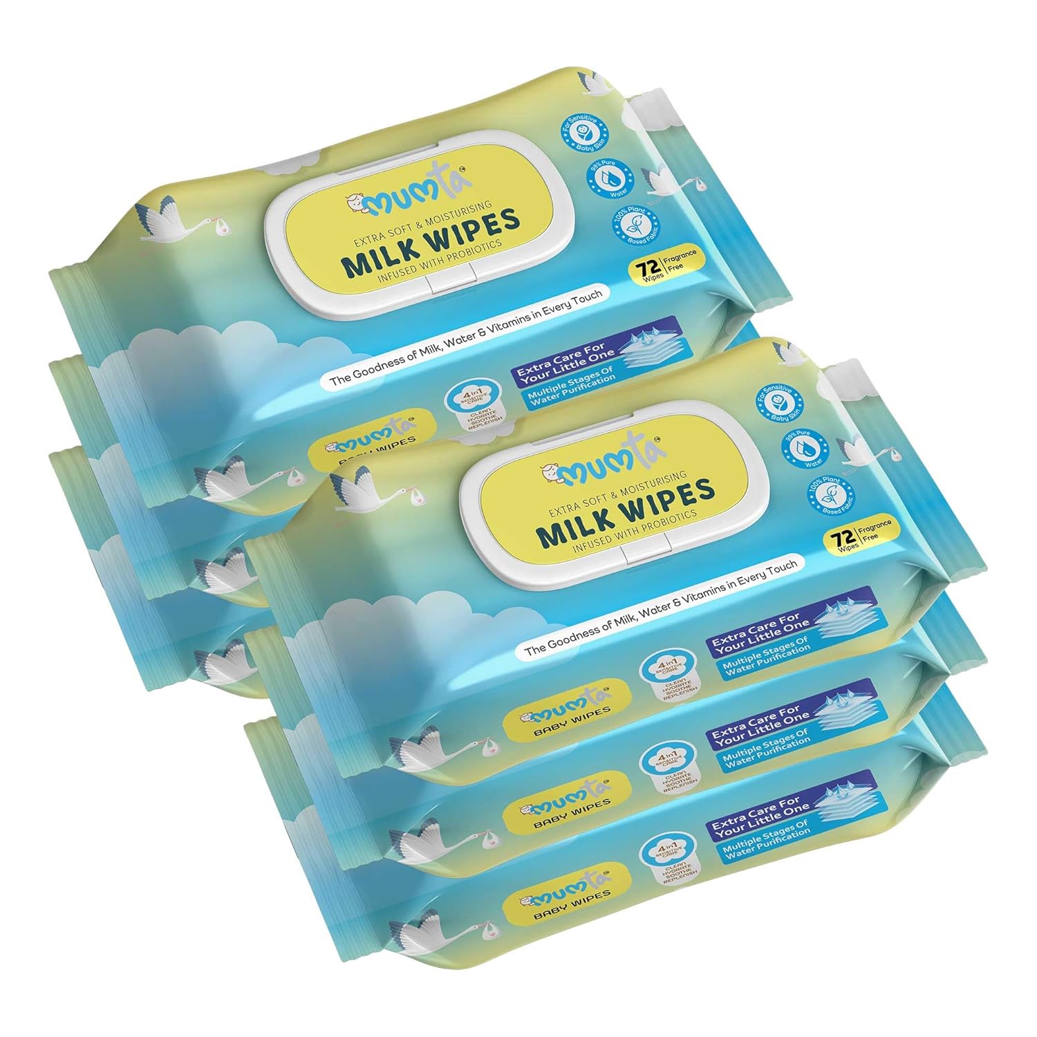 MUMta Milk baby wipes | With 99% Pure Water, Milk and Probiotics- 432 wipes| Plant Based Fabric for Sensitive Skin| Prevents irritation & rashes.(72 Each, Pack of 6)