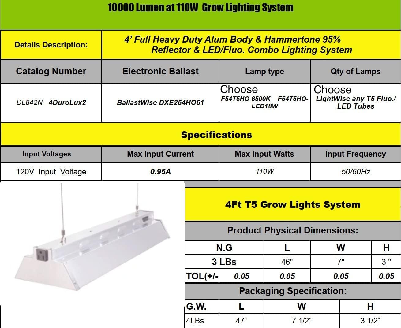 Durolux DL842N T5 4-foot 2 Fluorescent Lamps Grow Lighting System with 10000 Lumens and 6500K Full Sunlight Spectrum and Low Profile 7" Wide Reflector