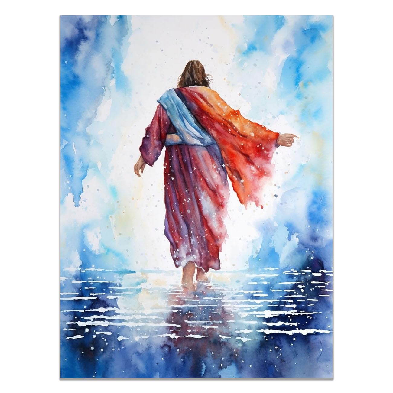 QUSAAOU Jesus Canvas Wall Art Jesus Walking in Water Christian Religious Prints Painting for Bedroom Living Room Bedroom Hallway Home Decoration(blue)-50x70cm Unframed