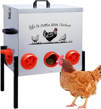 50LB Automatic Chicken Feeder8 Feeding Ports No-Waste Galvanized Metal Chicken Feeder Box with Adjustable Legs & Locking Lid Poultry Feeder for Chickens,Geese,Ducks,Rust-Resistant
