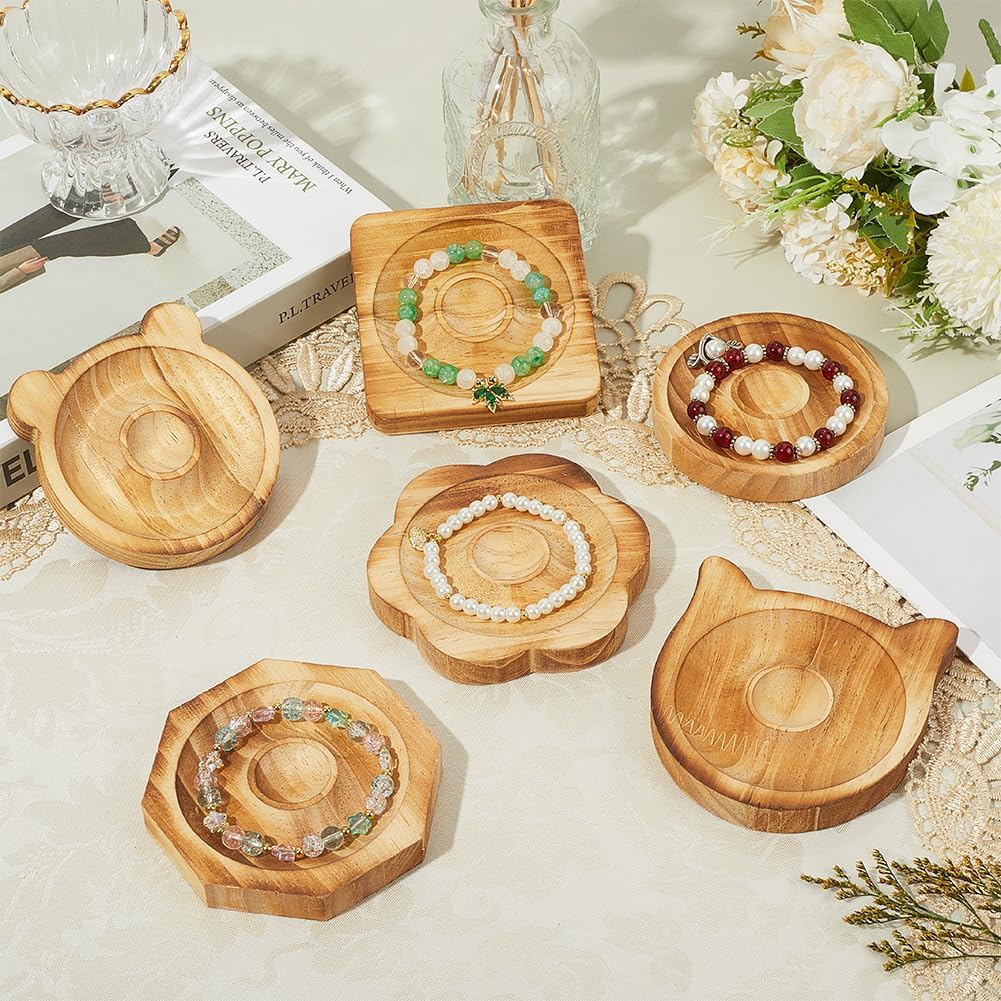 Beebeecraft 6Pcs 6 Styles Bracelet Making Bead Tray Wooden Bead Boards Flower Octagon Bear Cat Shape Wooden Bracelet Design Board Jewelry Organizer Tray Mats for Jewelry Making DIY Crafts