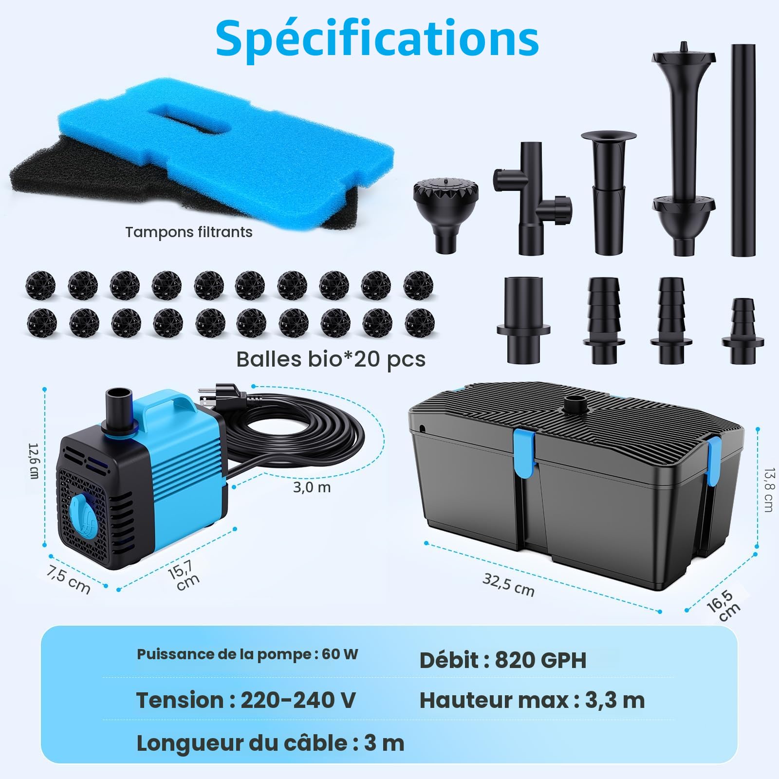 Pompe de bassin avec filtre et kit fontaine, 60W 3100L/H, filtre pour bassins extérieurs, propre pour koï