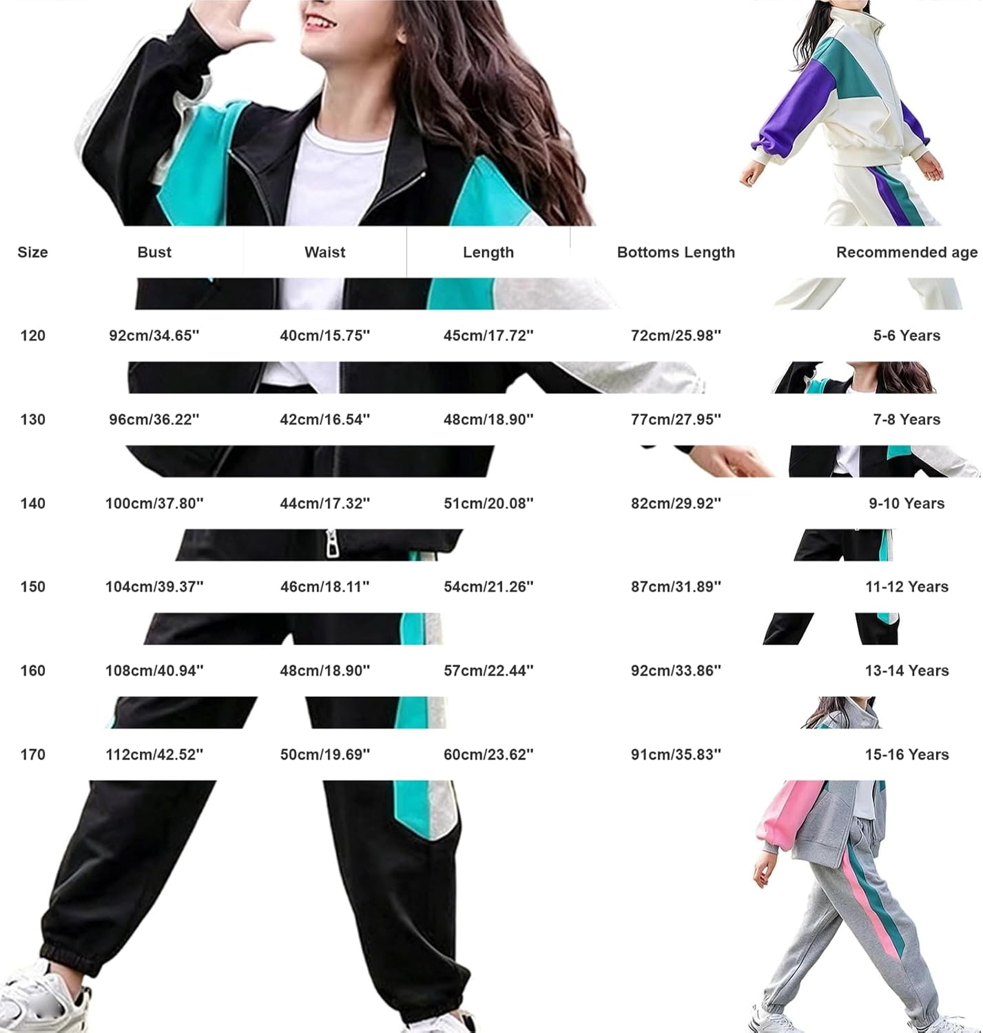 Teen Girls 2 Piece Tracksuit,Zip Color Block Jacket,Cuffed Joggers | School athletic street wear | Soft stretch loose