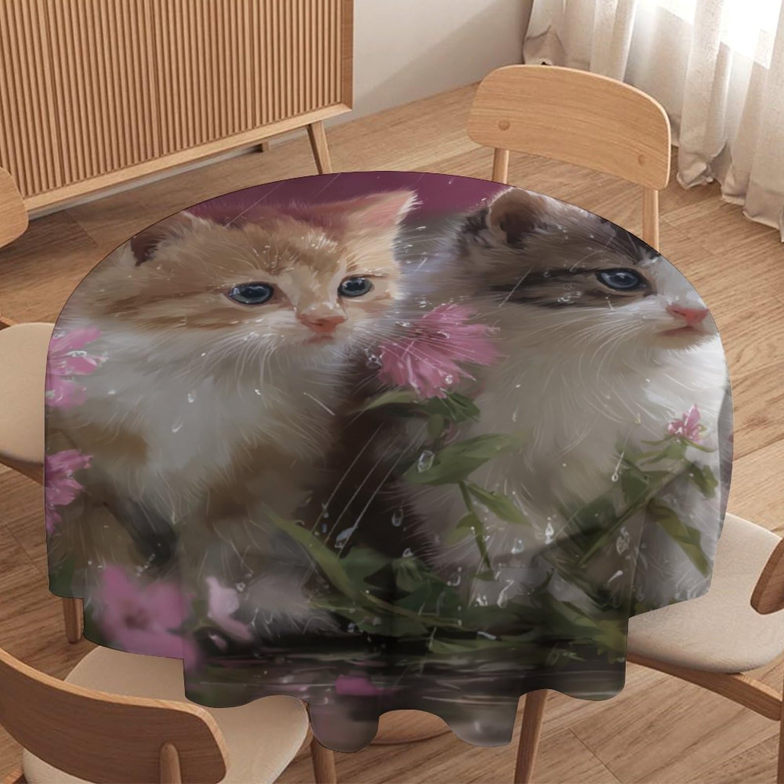 LUYYSKY Fantasy Classic Cute Cats Waterproof Round Tablecloth Beautiful Abstract Plants Flowers Animals Kittens Pattern Washable Table Cover for Kitchen-127 Wx127 L cm