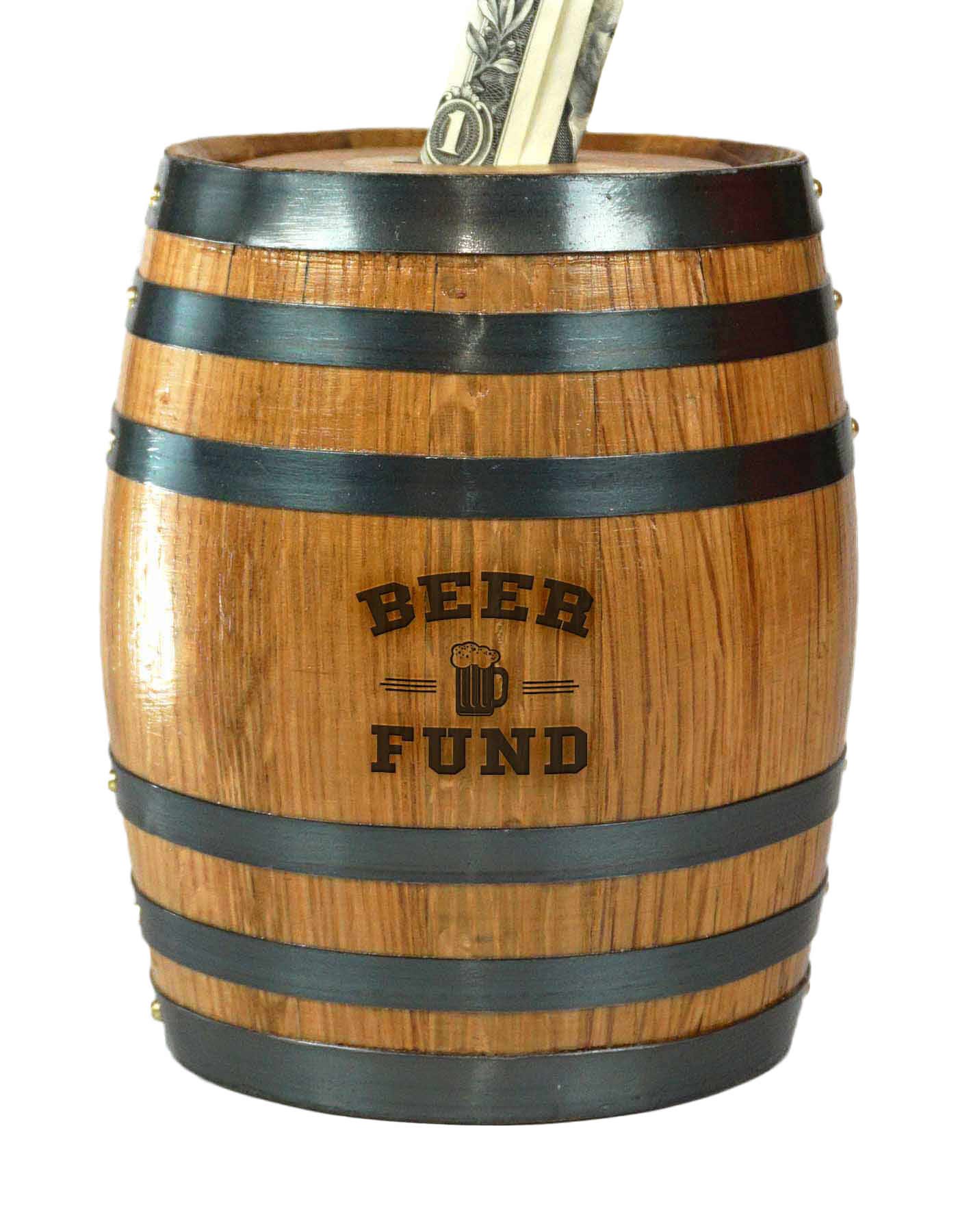 Handmade Oak Barrel Adult Piggy Bank - Beer Fund Engraved Money Saver for Real Cash, Bills & Coins - 6.5 x 4.5 x 4.5 inches - Wooden Piggy Banks Coin