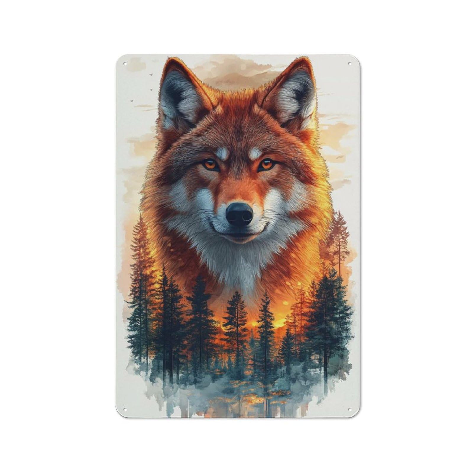 Junmoney Style-21 Wolf And Forest Digital Art Retro-Style Tin Wall Plaque 30X20cm For Café Or Home Bar, For Themed Interiors In Cafés And Home Bars