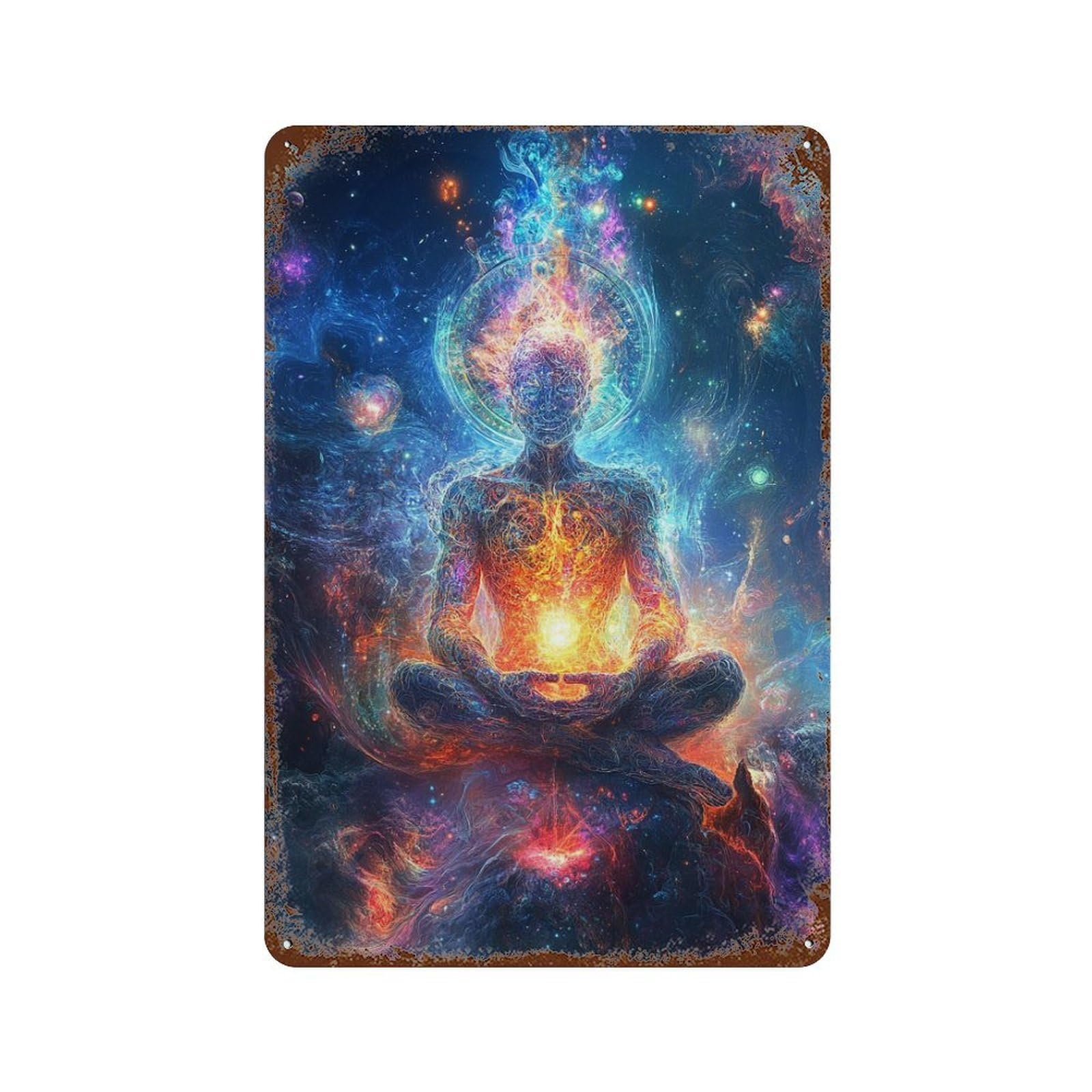 Cosmic Meditation Inner Peace in Space 11.8"x7.9" Vintage Rust Metal Sign, Novelty Wall Decor for Living Room, Hallway And Home Decor