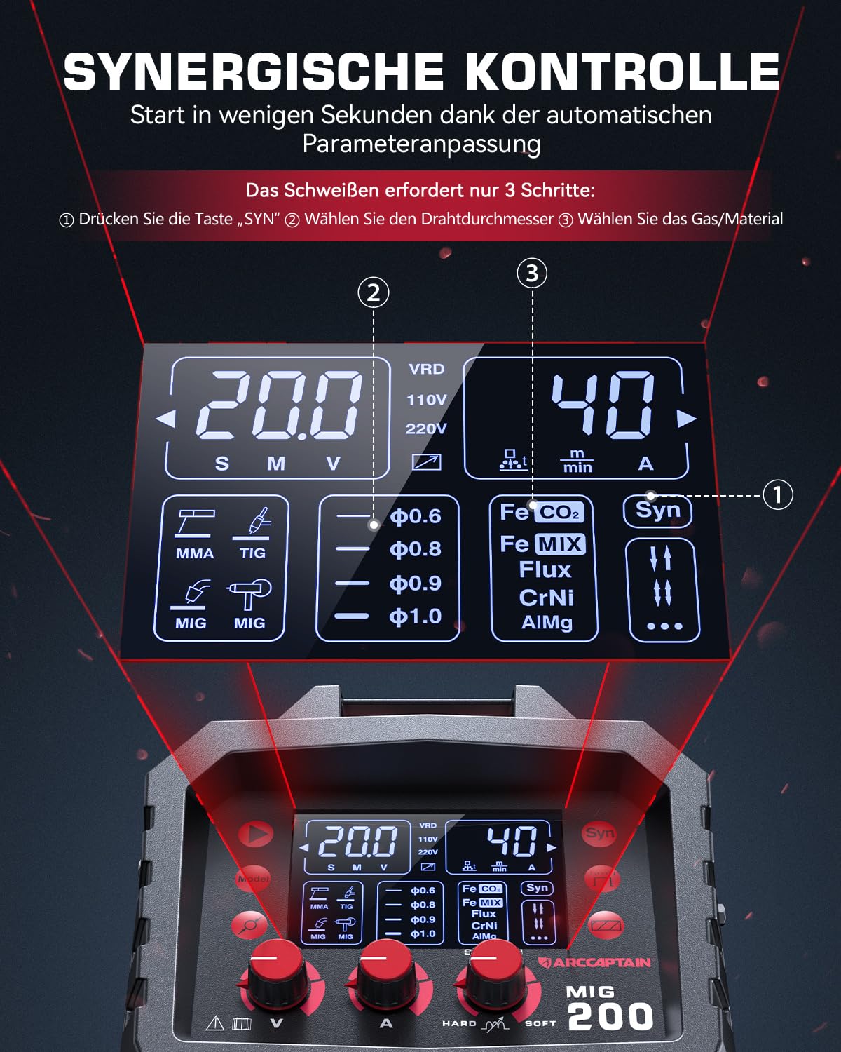 ARCCAPTAIN MIG MAG Schweißgerät 200 Ampere, 7 in 1 vollsynergisches Schweißgerät FLUX Fülldraht/MAG/MIG Schutzgas Schweißgerät/MMA/Lift TIG/Unterstützung Spool Gun/Punktschweißen, IGBT Inverter230V