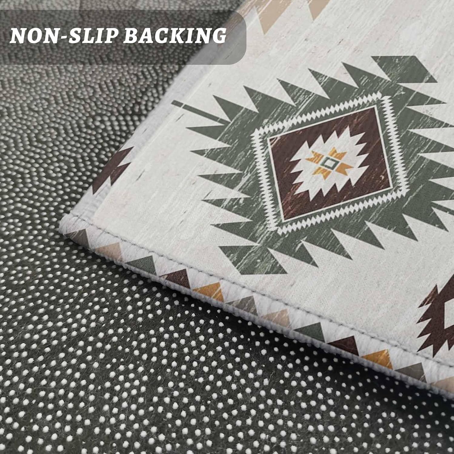 Teamery Kitchen Mats for Floor Aztec Southwest Green Geometric Washable Non Slip Kitchen Rugs 1PCS, Vintage Southwest Wind Absorbent Standing Mats for Sink Bathroom Office Living Room 23.6x70.9in