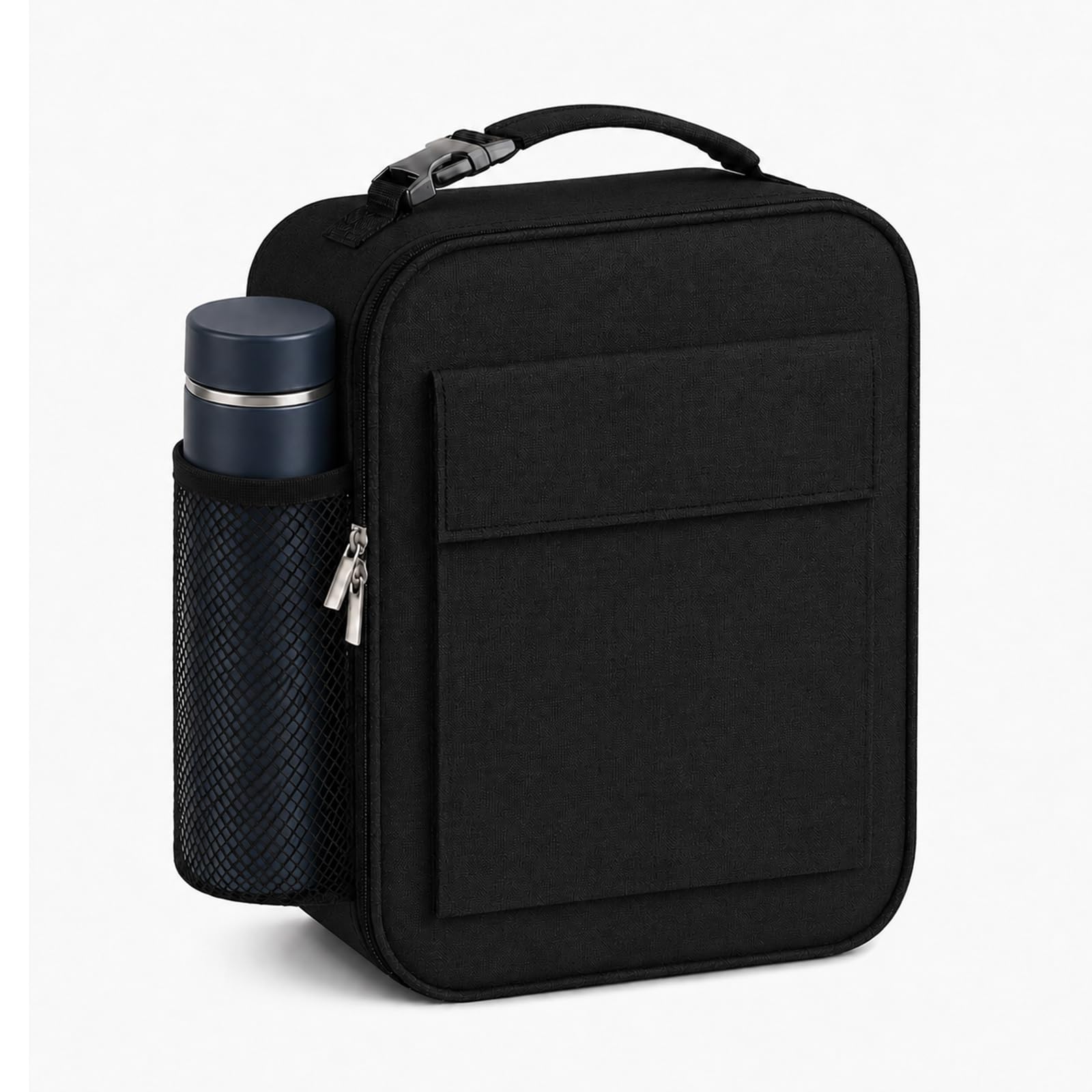 Lunch Bag for Men Women, Reusable Large Capacity Insulated Lunch Bag with Handle, Front Pocket and Side Mesh Holder, Portable Cool Bag for Work School Travel Picnic, Black