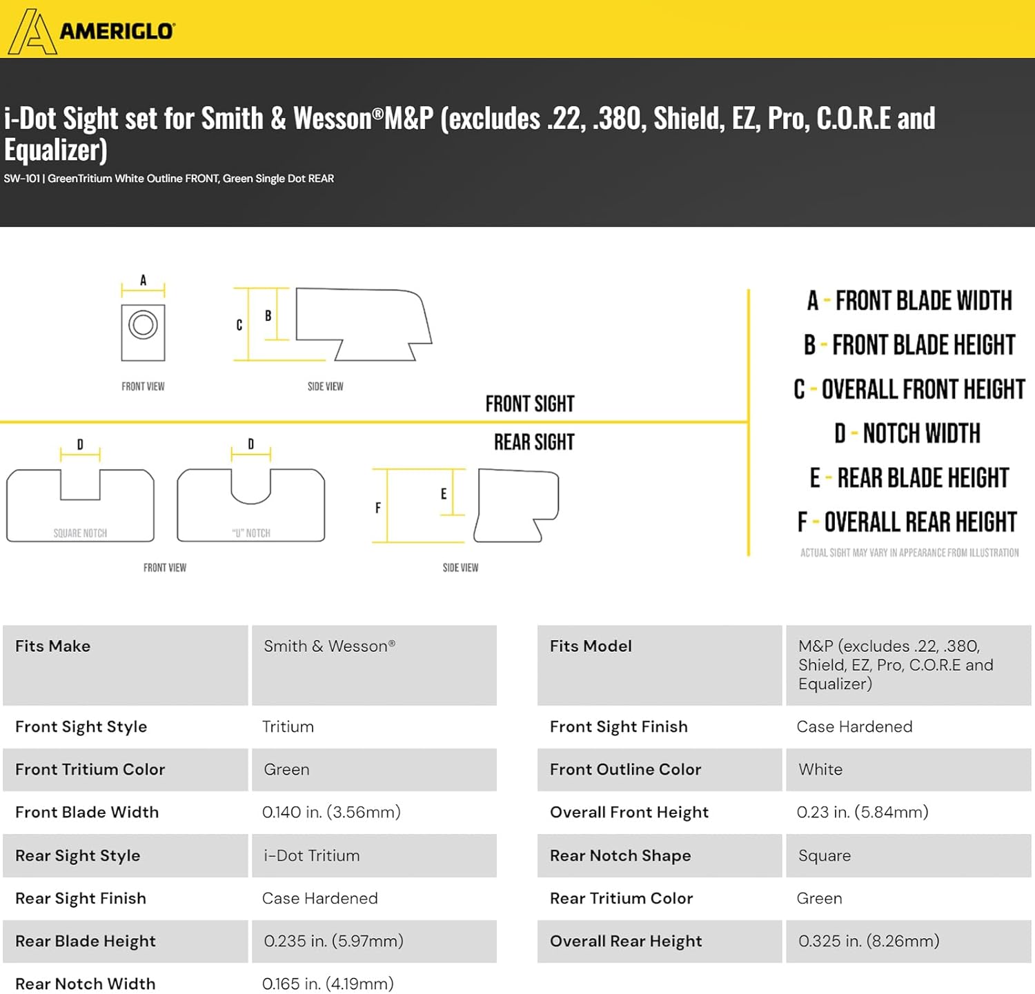 AMERIGLO i-Dot Sight Set, Compatible with Smith & Wesson M&P (Excludes .22, .380, Shield, EZ, Pro, C.O.R.E and Equalizer) | Front & Rear Night Sights with Green Tritium Lamps