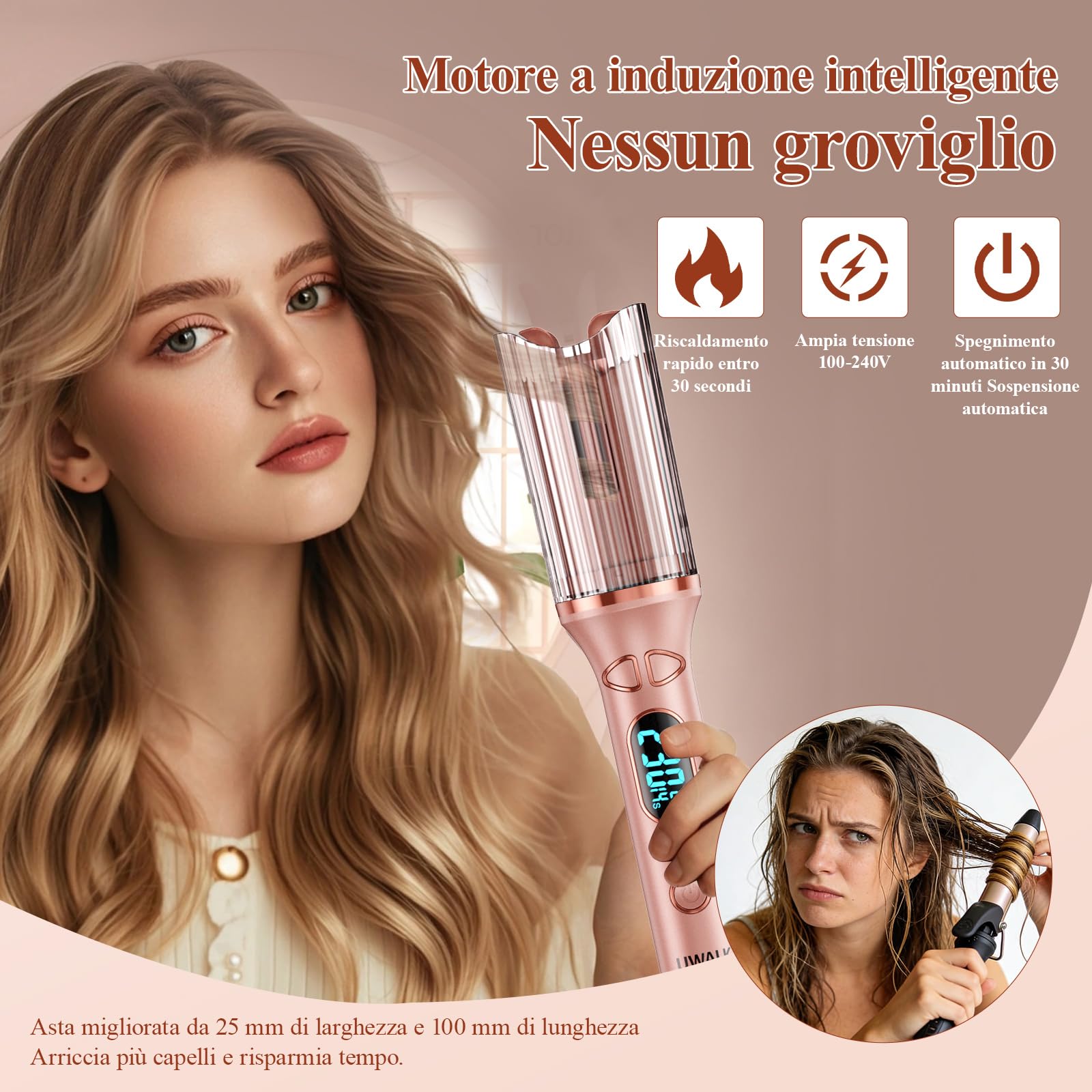 Ferro Arricciacapelli Automatico Arriccia Capelli: 25 mm Piastra Boccoli Automatica con 14 Impostazioni di Temperatura e 5 Timer - Automatic Curling Iron con Schermo LED & Protezione Antiscottatura