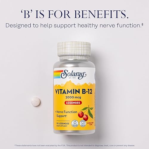 Miniatura 3 de SOLARAY Vitamina B-12 2000 mcg sin azúcar, sabor a cereza natural Energía saludable y apoyo de glóbulos rojos 90 pastillas