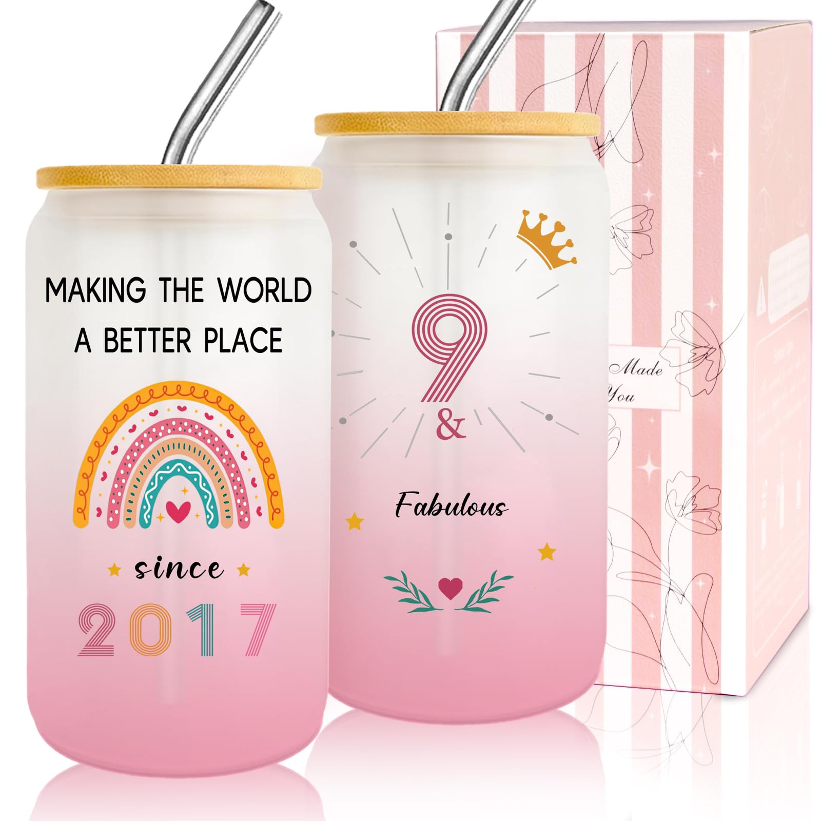 Zyphoria 9 Year Old Girl Gift,8th Birthday Gifts for Girls,Happy 9th Birthday Glass Cup With Lid and Straw Gift Ideas, Gifts for 9 Year Old Girls,9th Birthday Decorations for Daughter,Niece,Sister-1pc