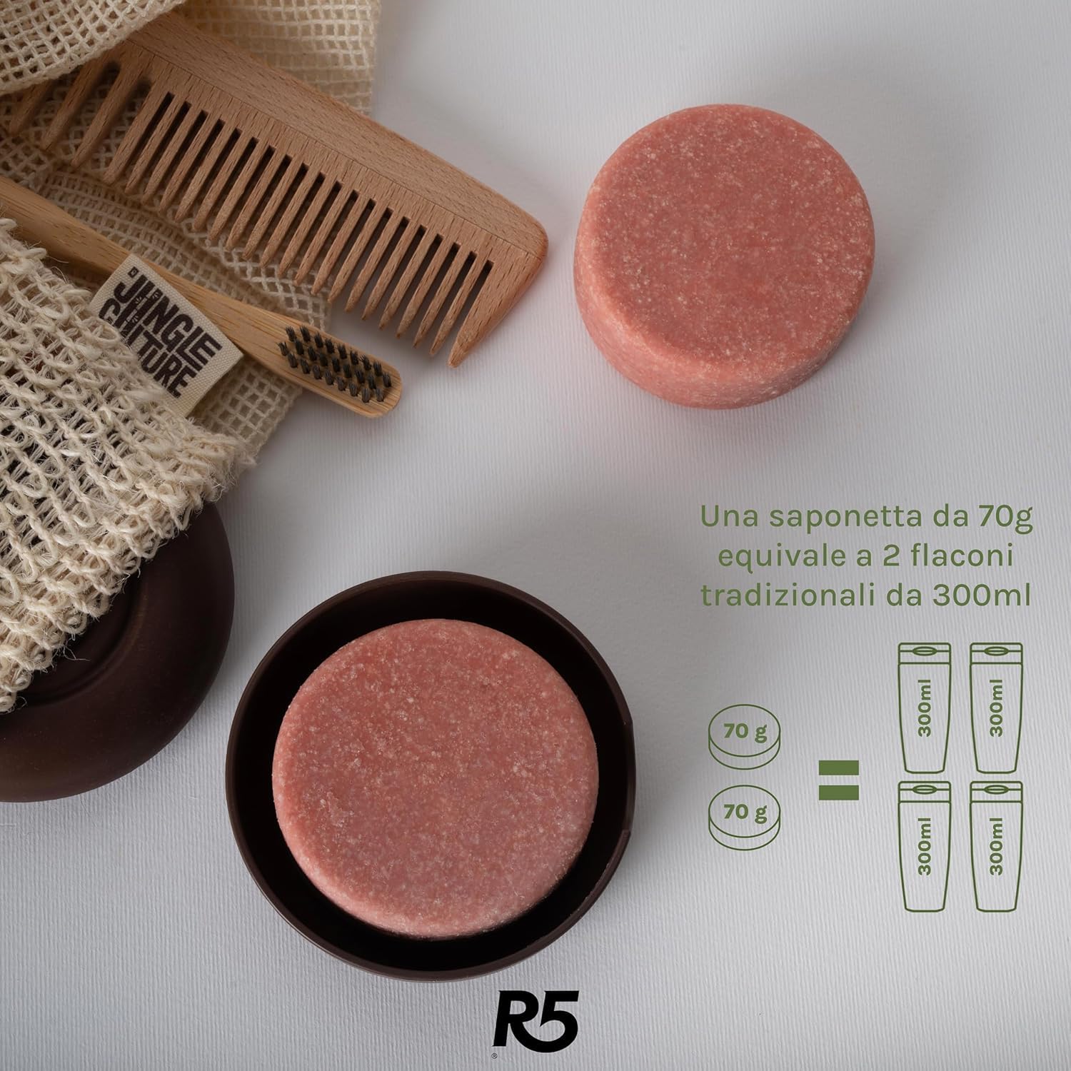 R5, Solido 2-in-1-Shampoo, 2 Stück, integrierte Spülung, 98% Inhaltsstoffe natürlichen Ursprungs, Kirsch- und Sonnenblumenöl, Blumenduft, dermatologisch und nickelgeprüft, vegan, hergestellt in