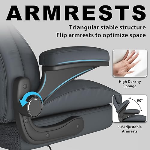 Miniatura 5 de Hovos Silla de oficina, ergonómica grande y alta silla de cuero de escritorio con brazos abatibles acolchados, bloqueo de inclinación ajustable,