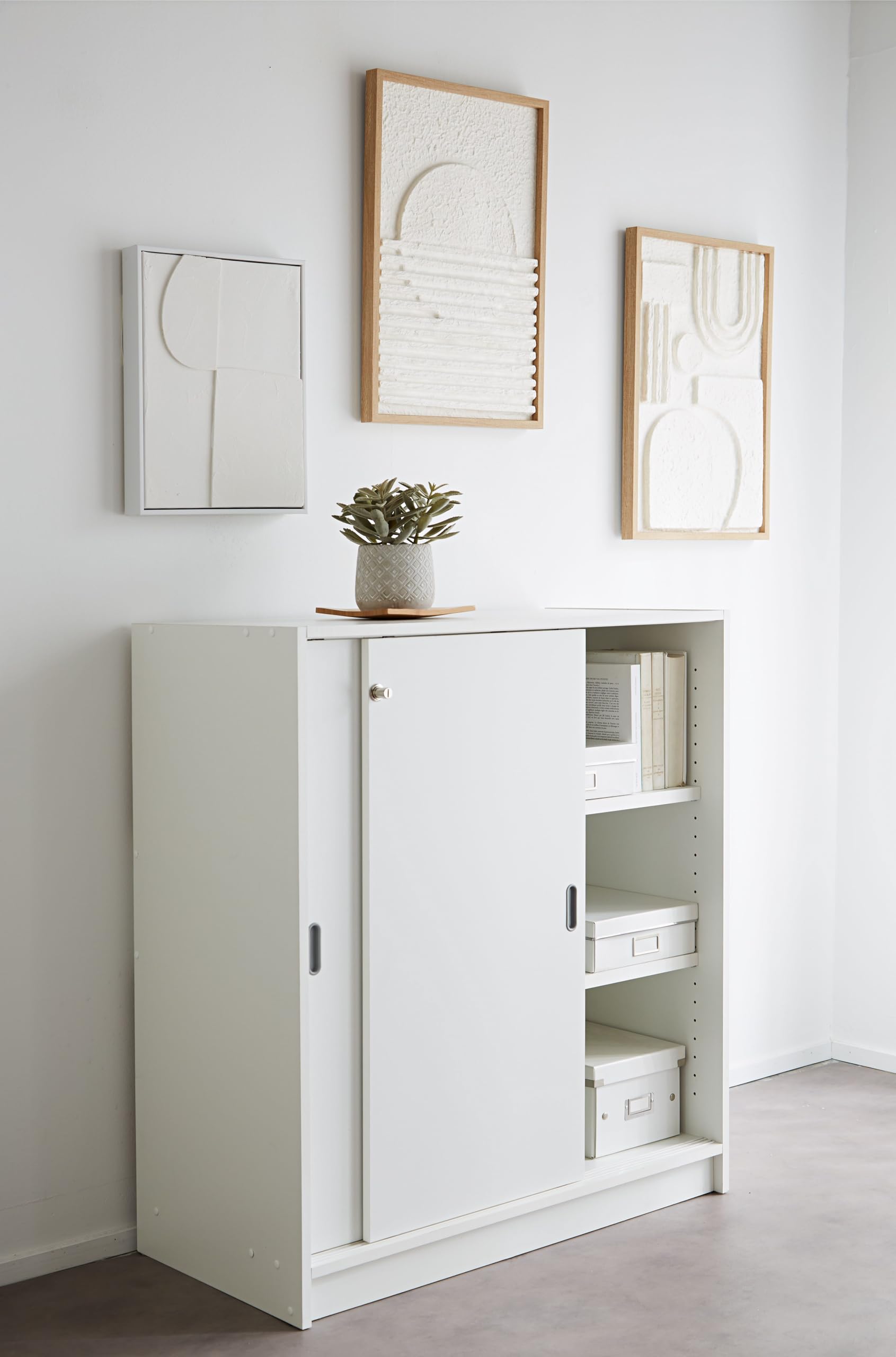 Armoire basse bois H 100 x L 90 cm portes coulissantes Essens (Blanc)