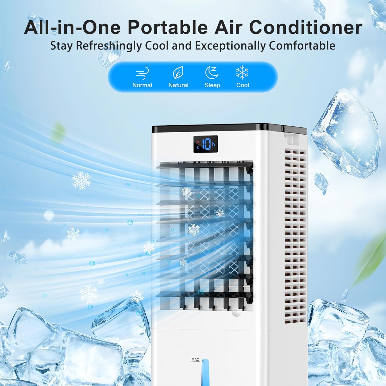 Portable Air Conditioners, 4-IN-1 Evaporative Air Cooler, Portable AC Unit w/ 4 Modes & 3 Speeds, Swamp Cooler w/ 12H Timer & Remote, Fast Cooling Room Air Conditioner for Bedroom Home Office Garage 1 Count (Pack of 1)